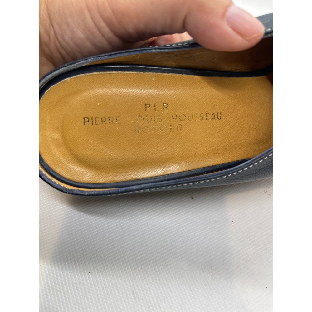 Vtg.1960s PLR Bottier Mod Buckle Slide Color Block Navy Tan Leather Sz.38 - Picture 6 of 6